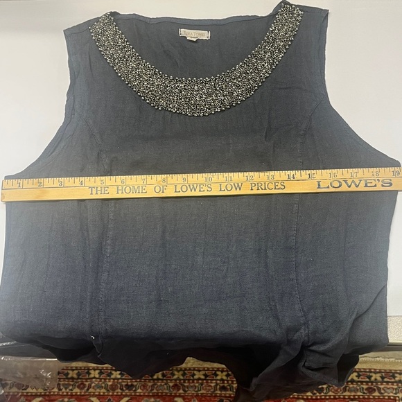 LINA TOMEI 100% Linen Blue Sleeveless Dress Beaded Neckline Side Pockets Size L - Picture 12 of 13